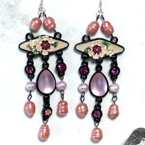 Victorian-style Dangle Earrings,Pink Pearls,Enamel Flower & Sterling Silver Hook